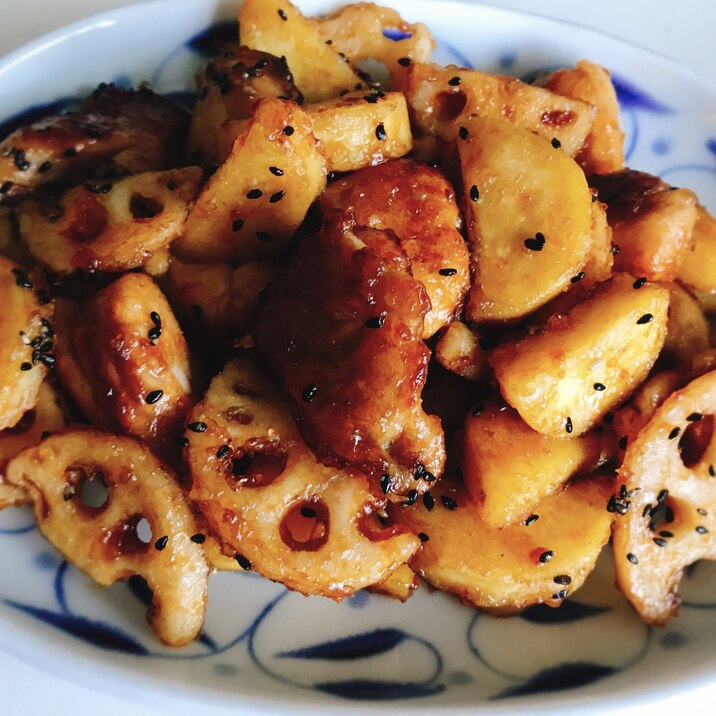 さつまいもとレンコンの甘酢チキン